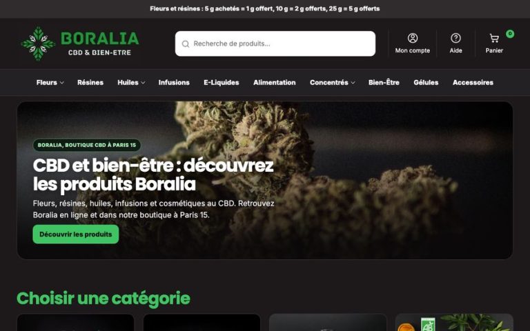 Capture de la page d’accueil de Boralia – CBD Shop Paris 15