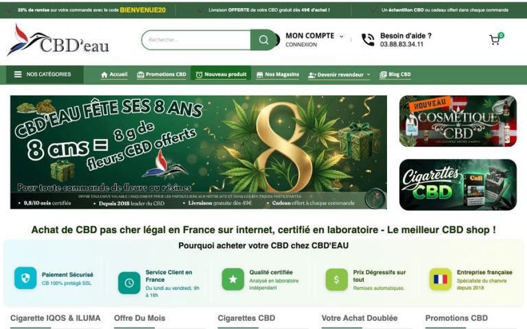 Capture de la page d’accueil de CBD Eau