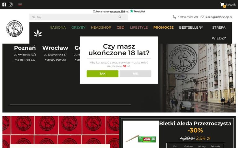 Capture de la page d’accueil de Indorshop.pl – Seedbank & Headshop