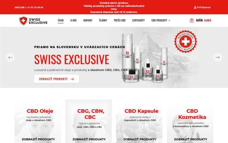 Capture de la page d’accueil de SWISS EXCLUSIVE – prémiové CBD