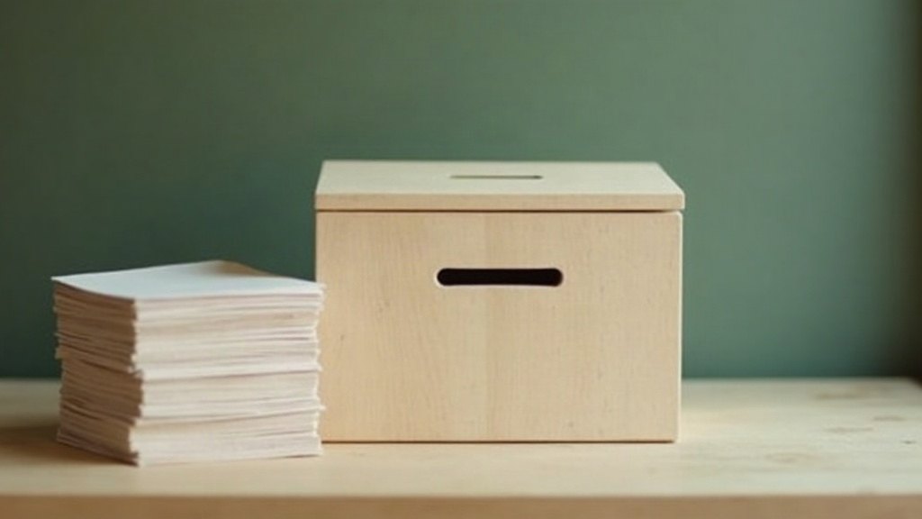 Boîte à suggestions en bois sur un comptoir, à côté d'une pile de cartes blanches identiques