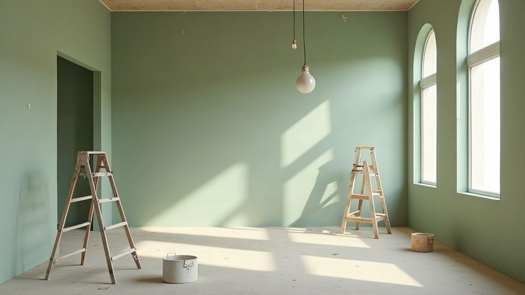 Local commercial vide en travaux, murs nus, escabeau et pots de peinture ouverts