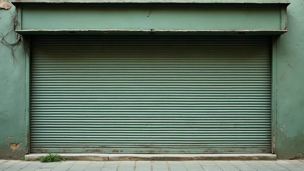 Rideau de fer baissé sur une devanture, avec un cadre d'enseigne vide au-dessus