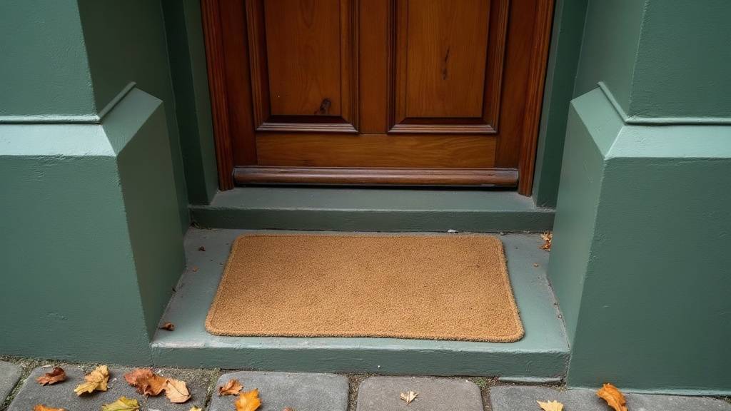Paillasson usé devant une porte fermée, sans aucun colis déposé