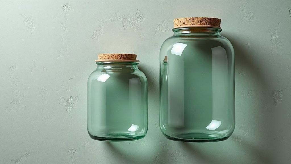 Vue de dessus de bocaux en verre de tailles très inégales, trois grands et une multitude de petits