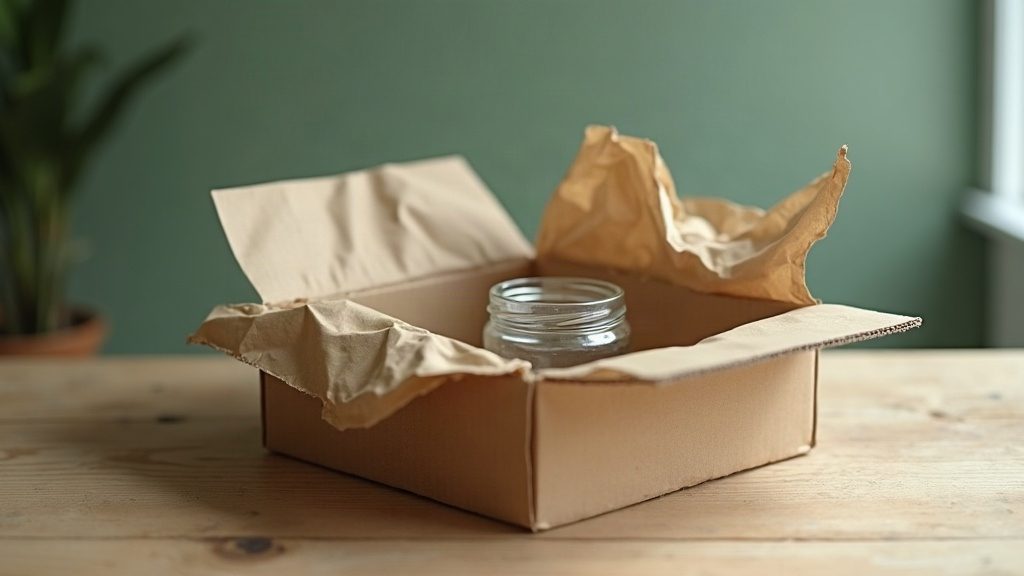 Colis ouvert sur une table, papier de calage froissé et un petit bocal seul dans une grande cavité