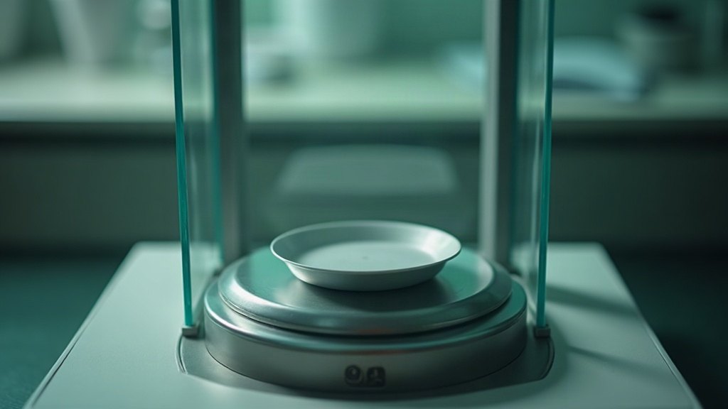 Balance de précision sous sa cage de verre, plateau vide et afficheur éteint