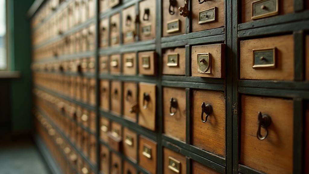 Mur de petits tiroirs en bois identiques, quelques-uns ouverts et vides, porte-étiquettes nus