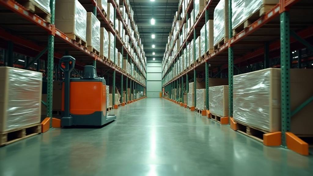 Allée d'entrepôt entre des racks chargés de palettes filmées, avec un transpalette