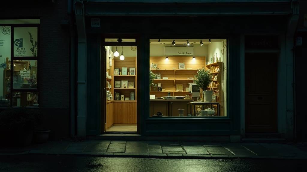 Intérieur d'une boutique éclairée vu de nuit depuis le trottoir, à travers la vitrine
