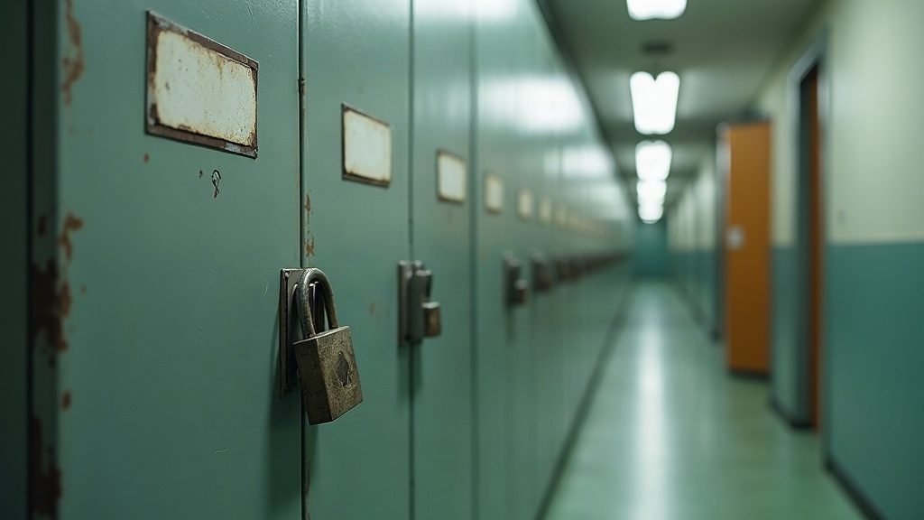 Armoire de produits chimiques en acier fermée par un cadenas, dans un couloir de laboratoire