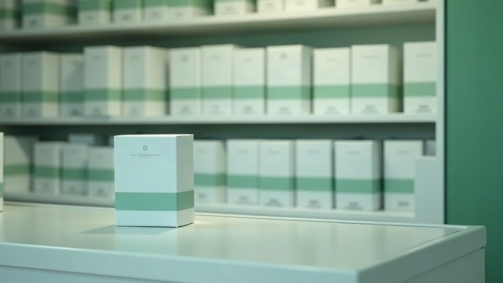 Étagère d'officine remplie de cartons blancs identiques et vierges, derrière un comptoir