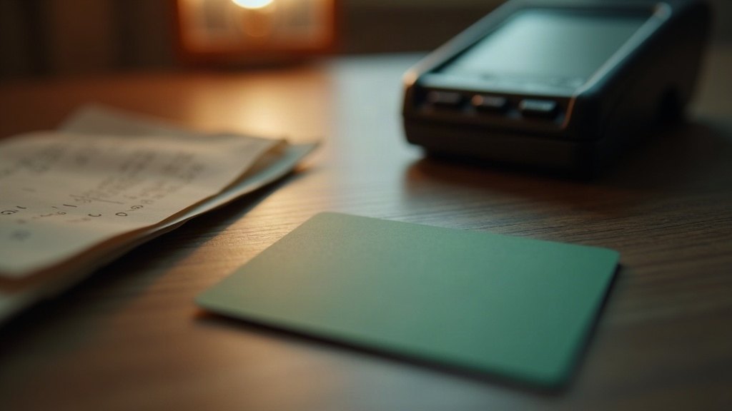 Carte bancaire posée face cachée sur une table, à côté d'un terminal de paiement éteint