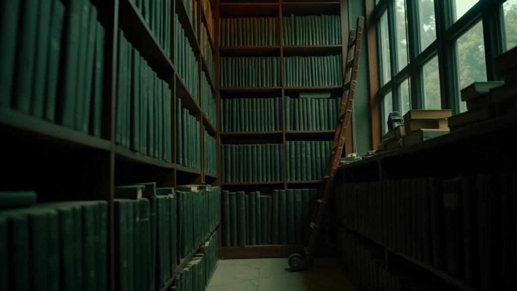 Rayonnage d'archives garni de volumes reliés identiques aux dos vierges, avec une échelle