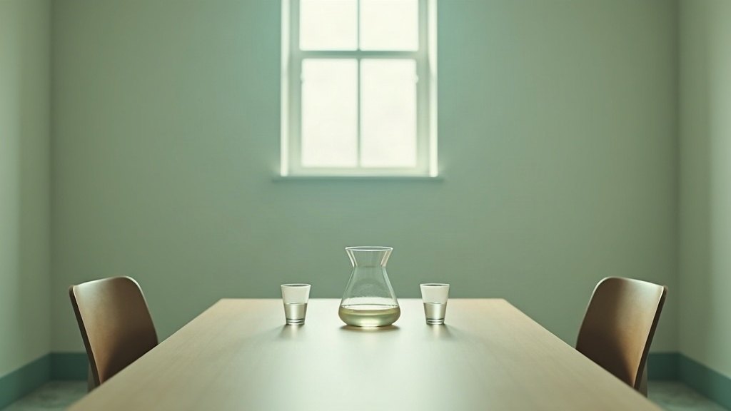 Salle de médiation vide, table nue et deux chaises face à face, carafe et verres retournés