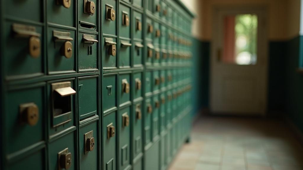 Batterie de boîtes aux lettres en laiton aux porte-noms vides, l'une ouverte sur un casier vide